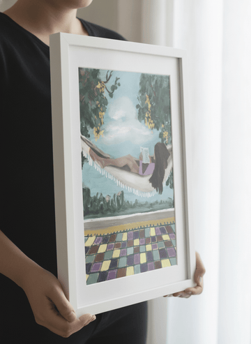 Person showcasing the artwork against a clean modern interior wall