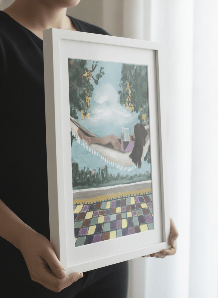 Person showcasing the artwork against a clean modern interior wall