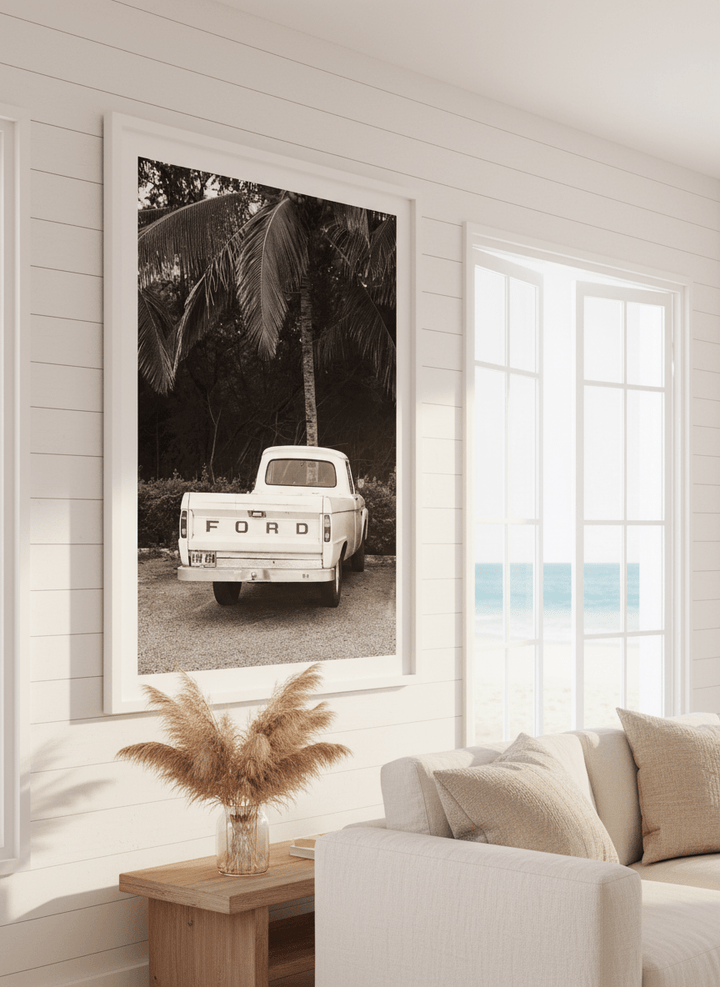 Neutral wall art displayed in a sunny coastal beach house