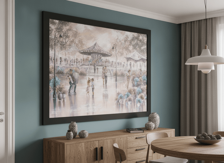 Wall art styled above a dining table in a contemporary home