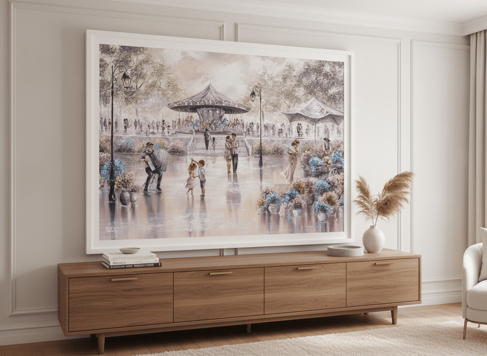 Monumental artwork centred on a feature wall in a luxe interior