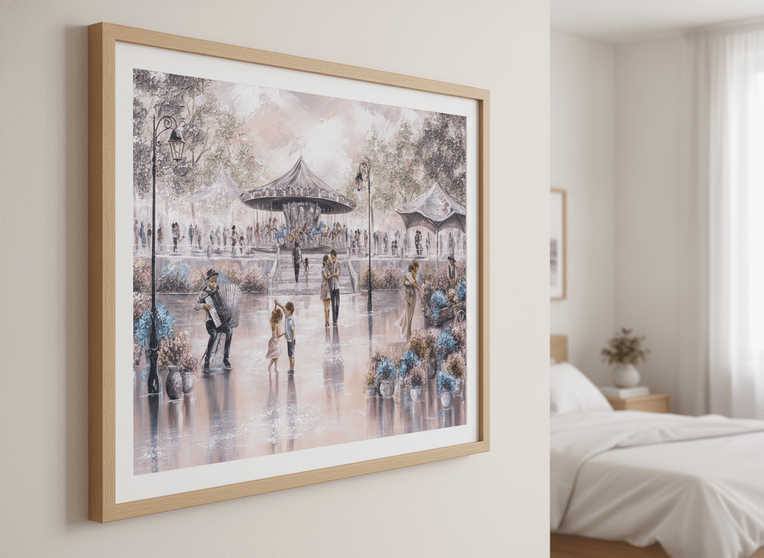 Minimalist artwork displayed in a calm, light-filled bedroom interior