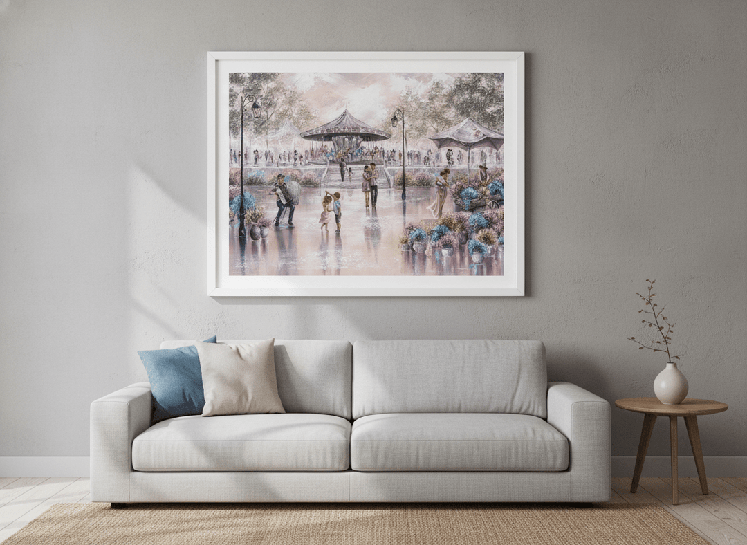 Modern wall art styled above a sofa in a neutral living room