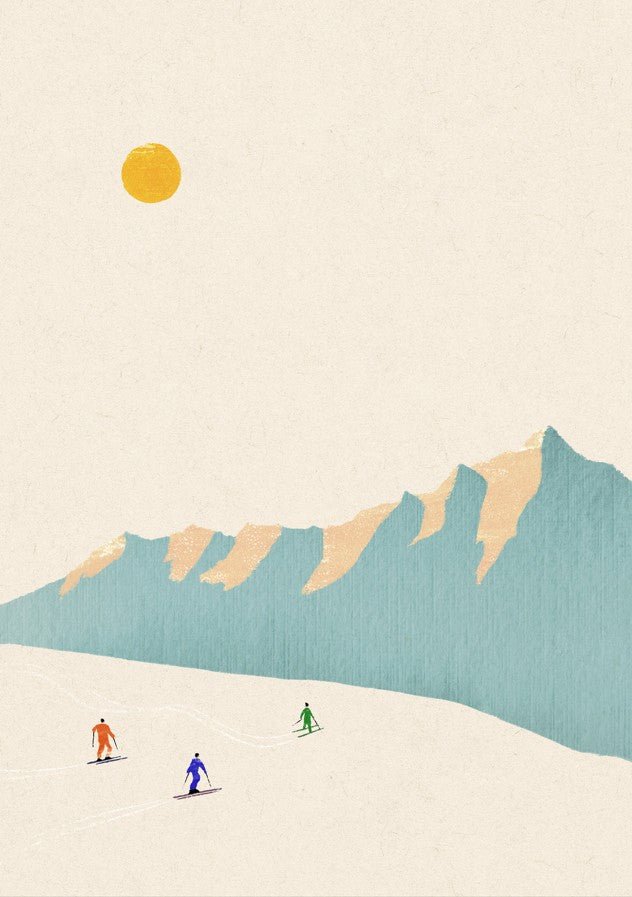 A minimalist, textured illustration depicting three tiny, colorful skiers descending a white slope against a backdrop of stylized blue and tan mountains under a golden sun. framed