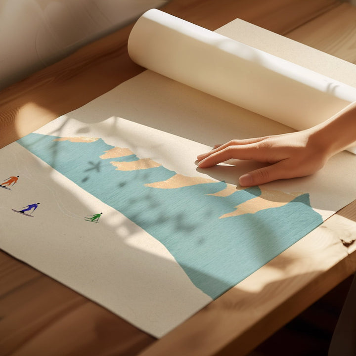 artwork unrolled on a wooden floor