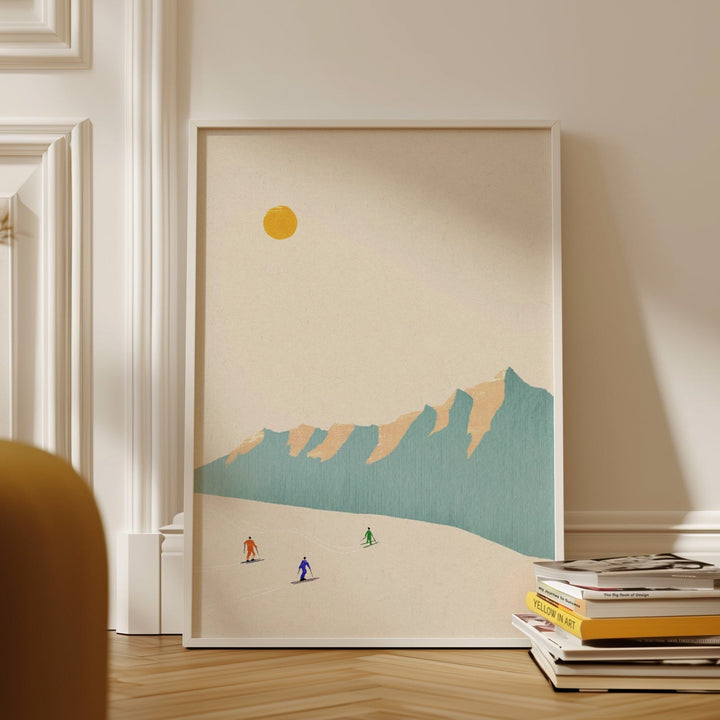 artwork of skiers leaning on wall