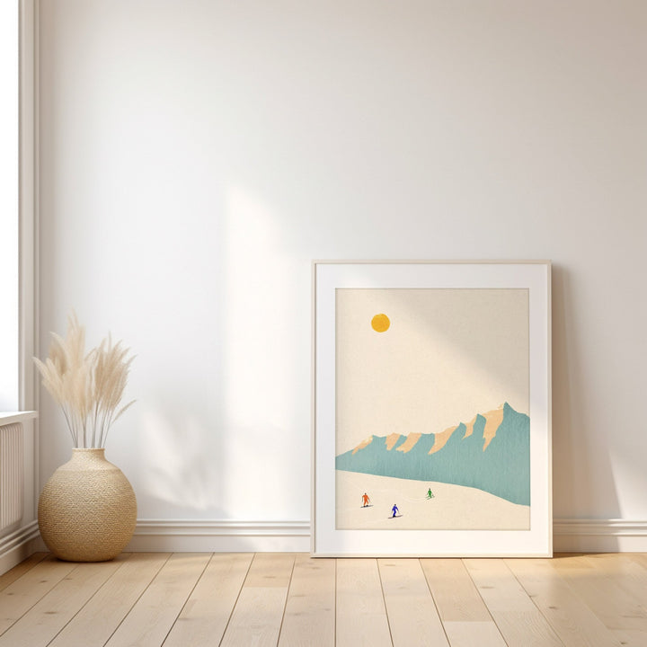 artwork of skiers leaning against wall on wooden floor