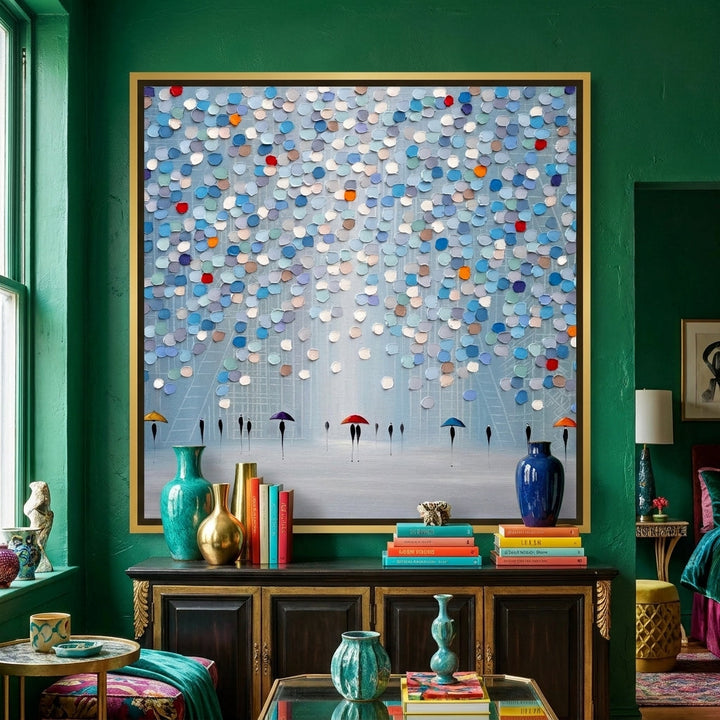 Canvas wall art with a gold leaf surround styled in a colourful, eclectic modern home