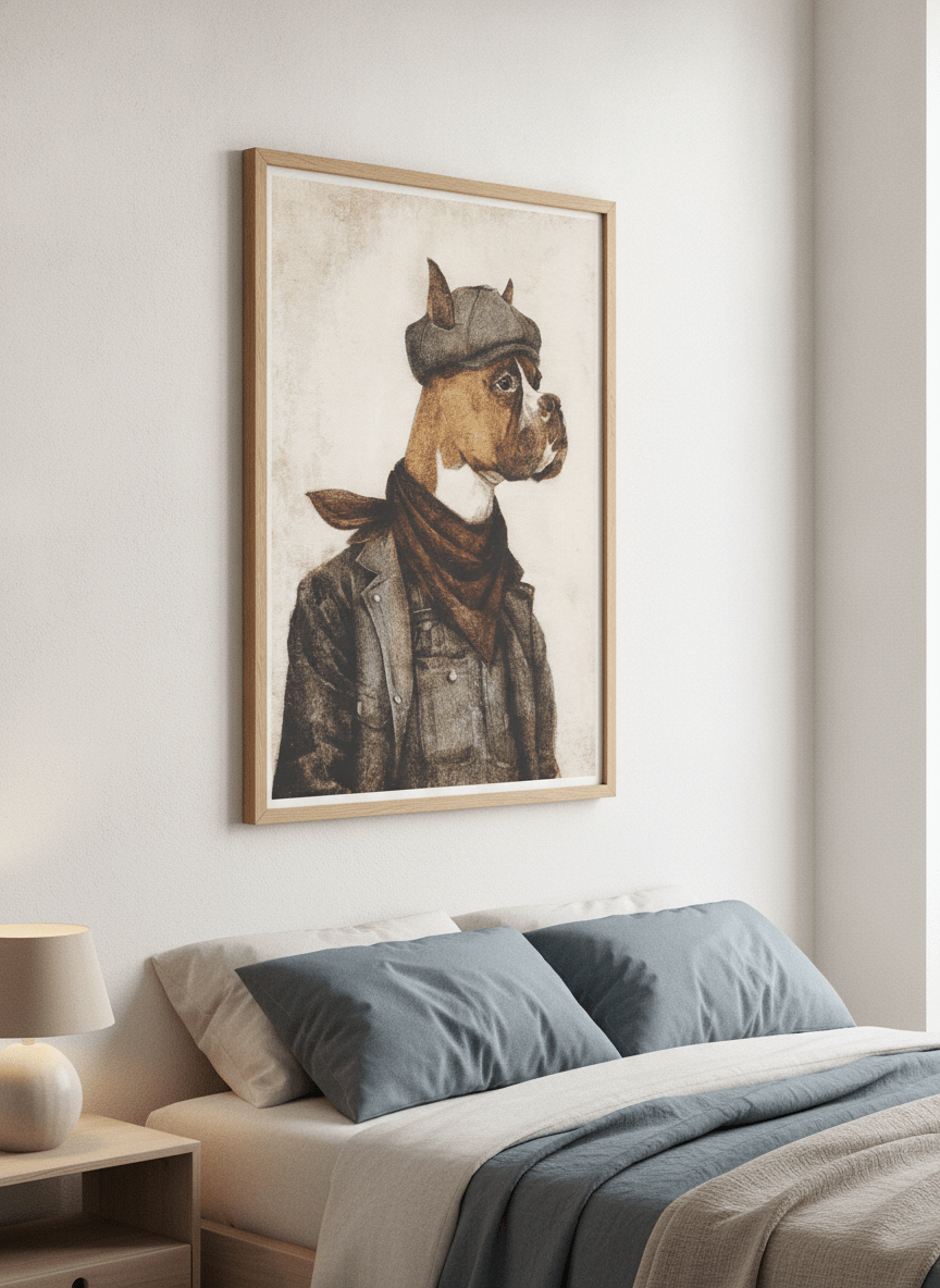 Minimalist artwork displayed in a calm, light-filled bedroom interior