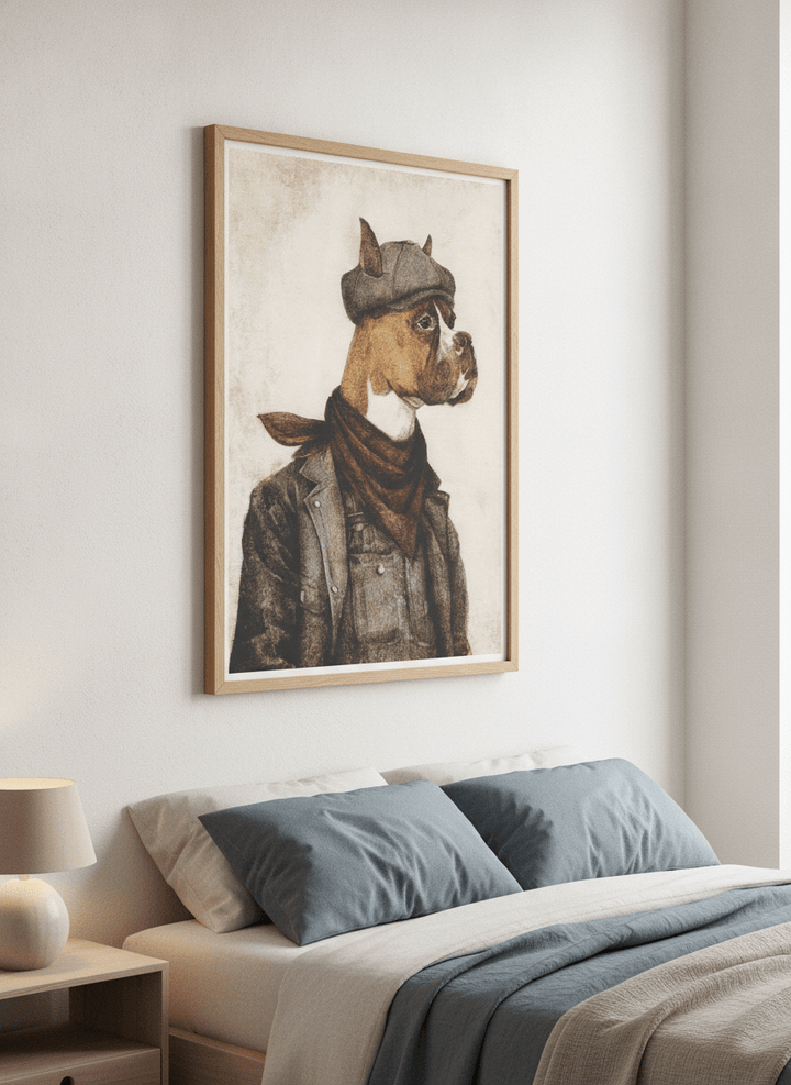 Minimalist artwork displayed in a calm, light-filled bedroom interior