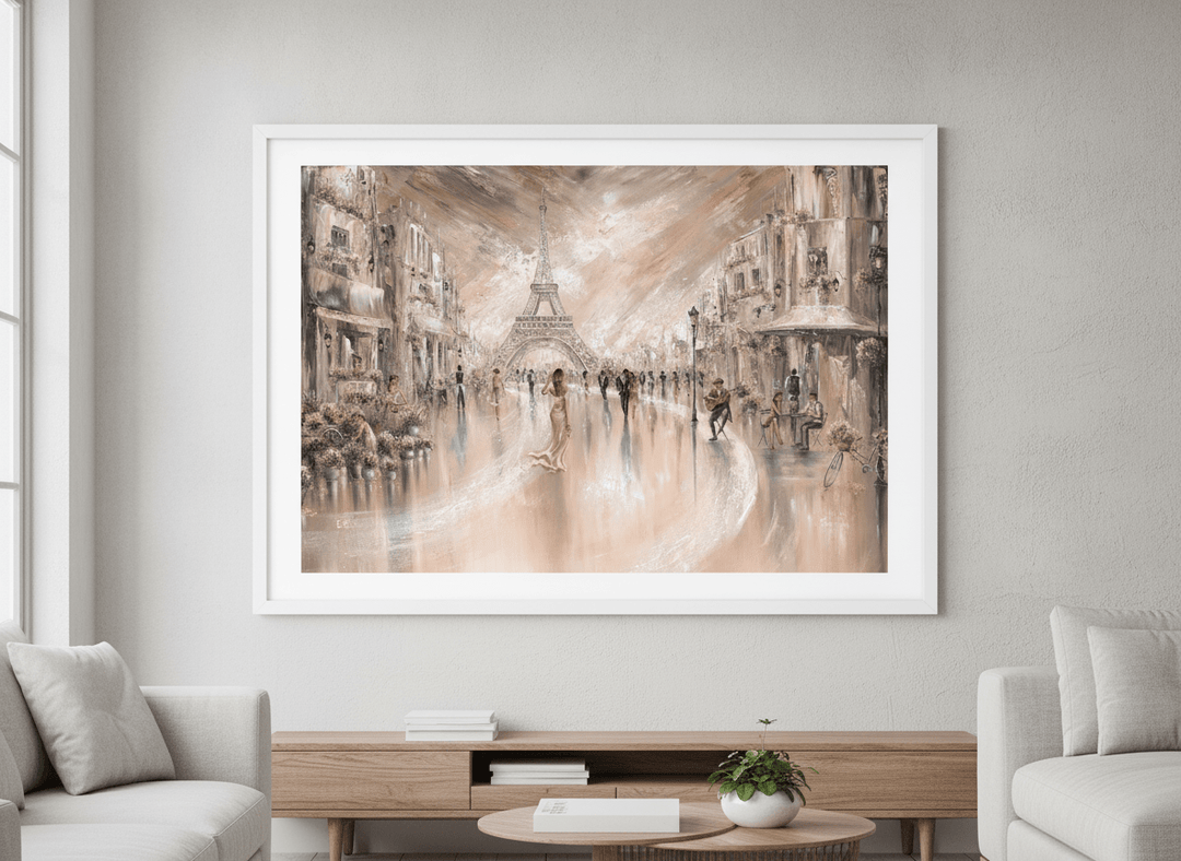Modern wall art styled above a sofa in a neutral living room