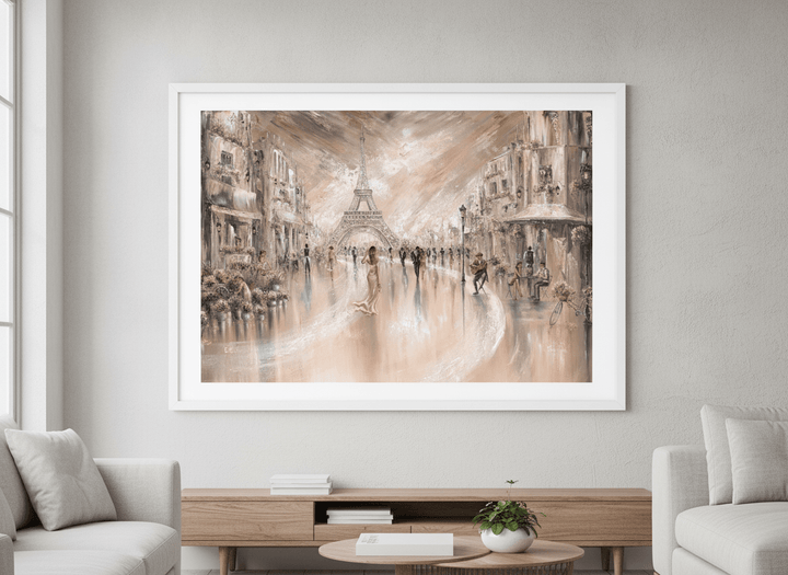 Modern wall art styled above a sofa in a neutral living room