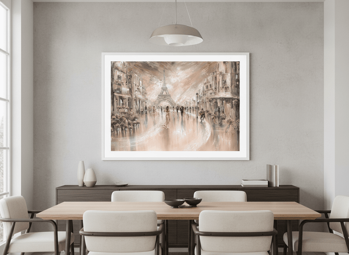 Wall art styled above a dining table in a contemporary home