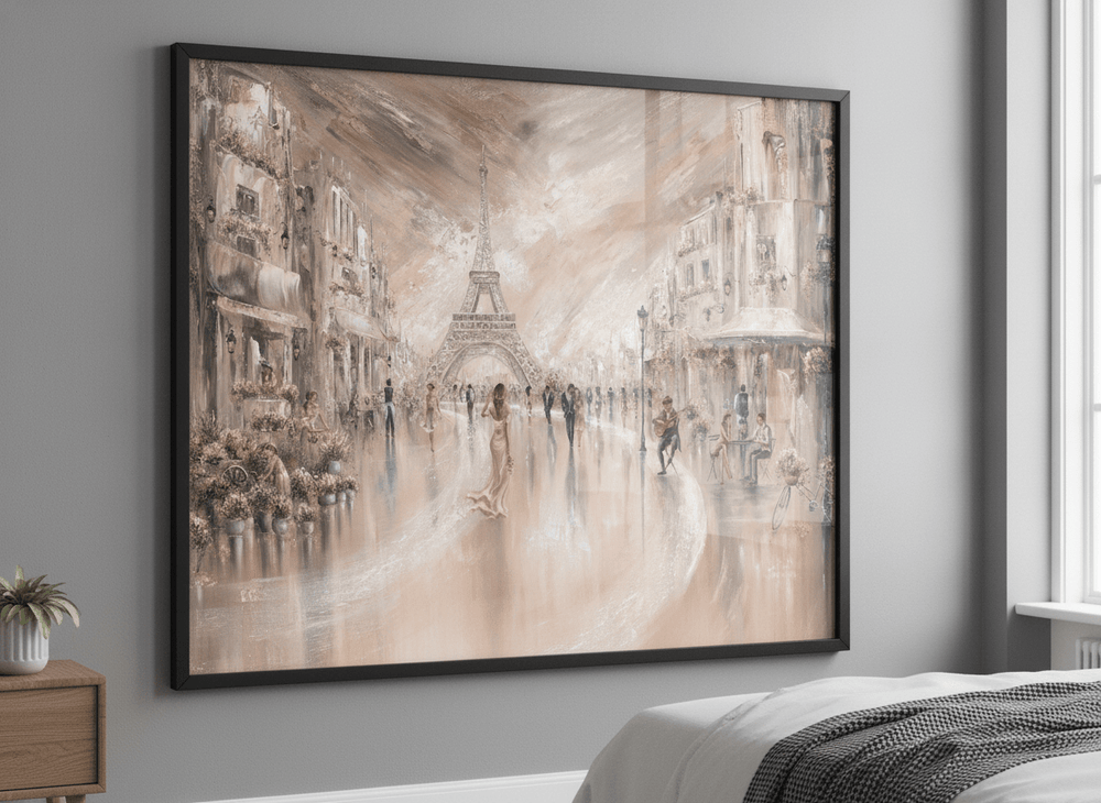 Minimalist artwork displayed in a calm, light-filled bedroom interior