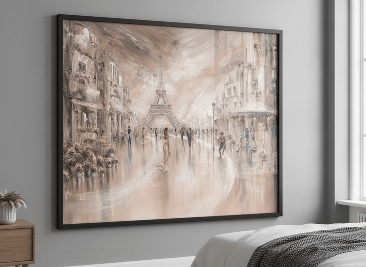 Minimalist artwork displayed in a calm, light-filled bedroom interior