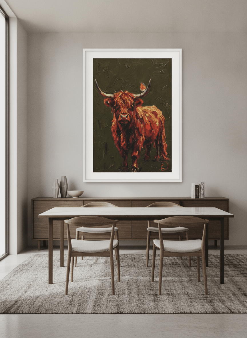 Wall art styled above a dining table in a contemporary home