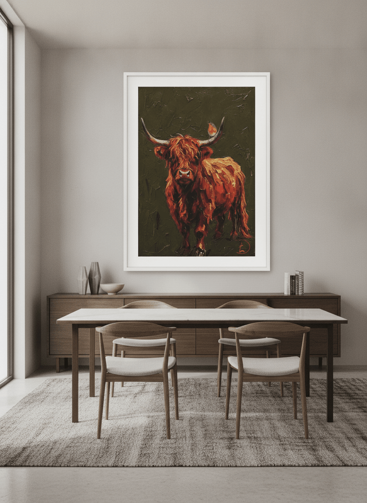 Wall art styled above a dining table in a contemporary home