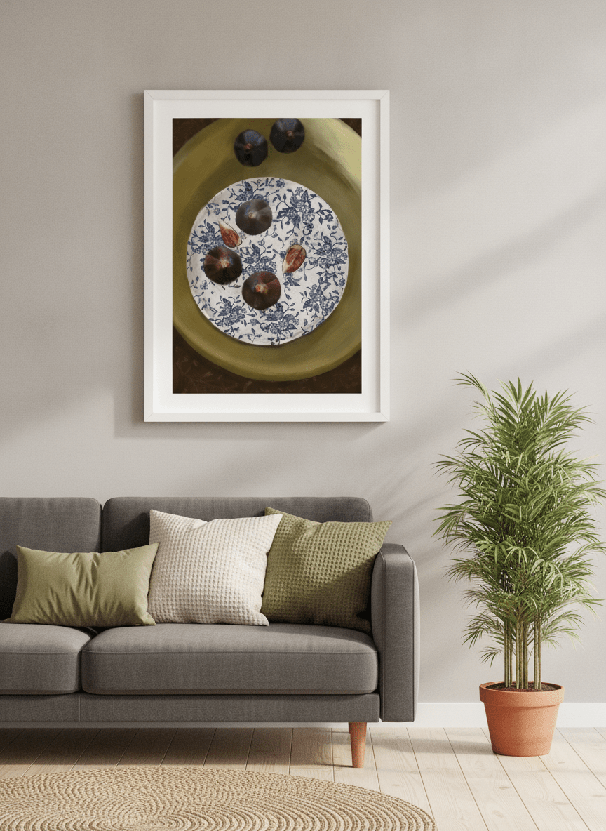 Modern wall art styled above a sofa in a neutral living room