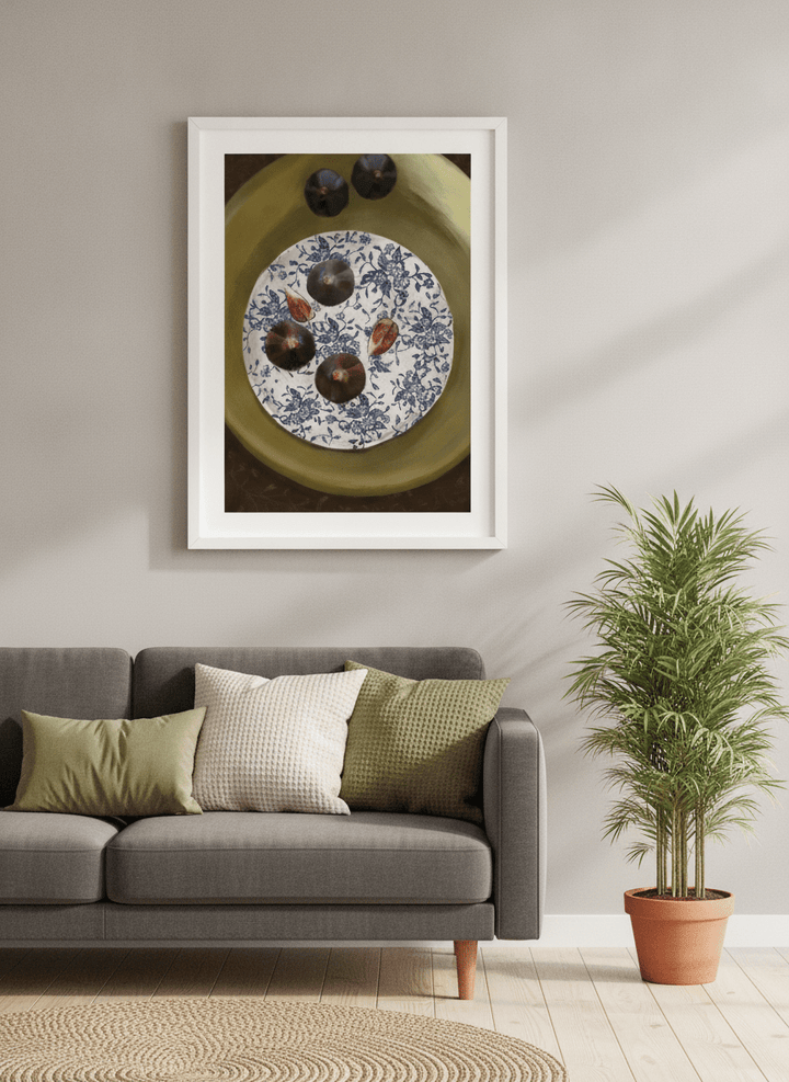 Modern wall art styled above a sofa in a neutral living room