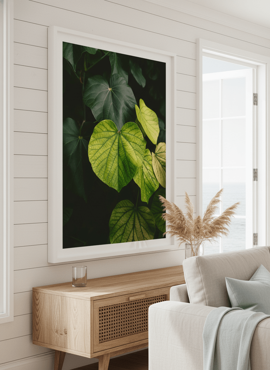 Neutral wall art displayed in a sunny coastal beach house