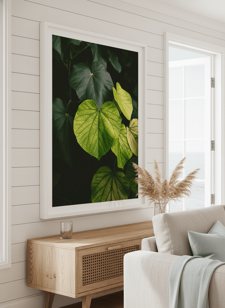Neutral wall art displayed in a sunny coastal beach house
