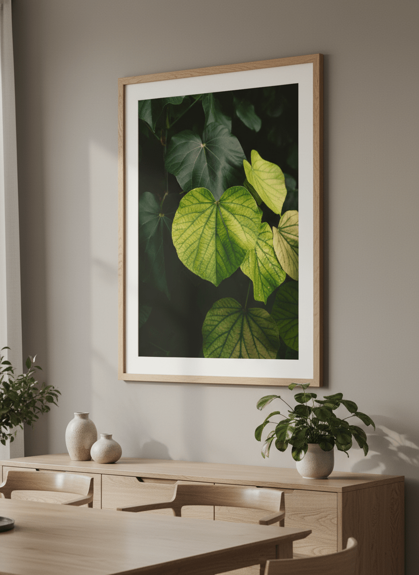 Wall art styled above a dining table in a contemporary home