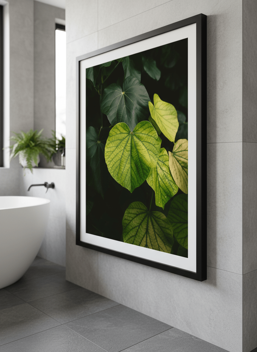 Modern print displayed in a clean minimalist bathroom setting