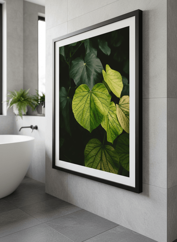 Modern print displayed in a clean minimalist bathroom setting