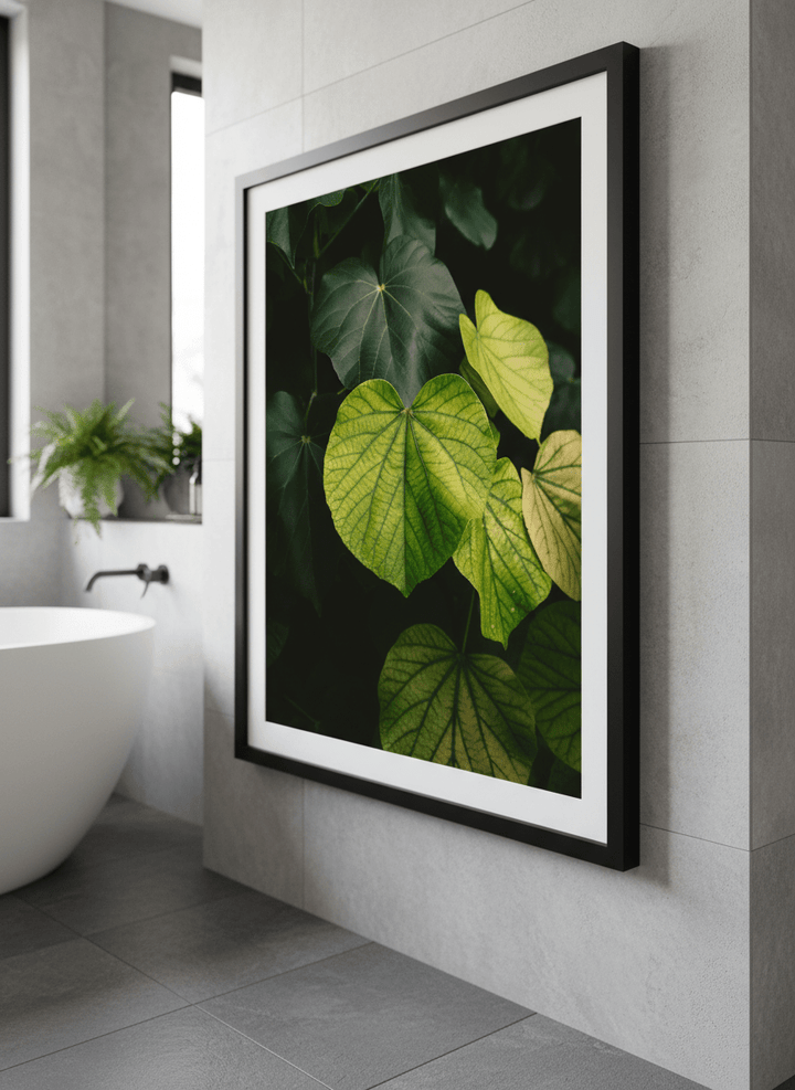 Modern print displayed in a clean minimalist bathroom setting