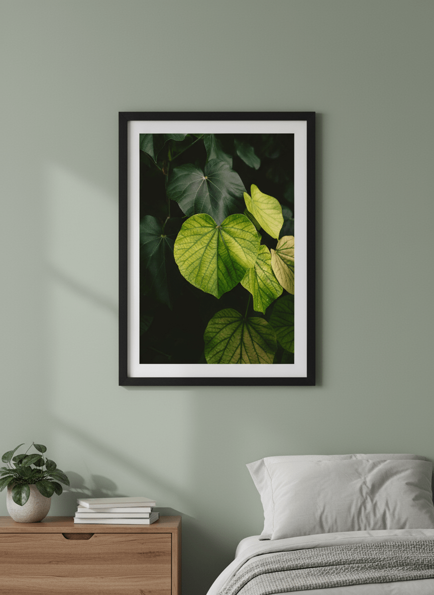 Minimalist artwork displayed in a calm, light-filled bedroom interior