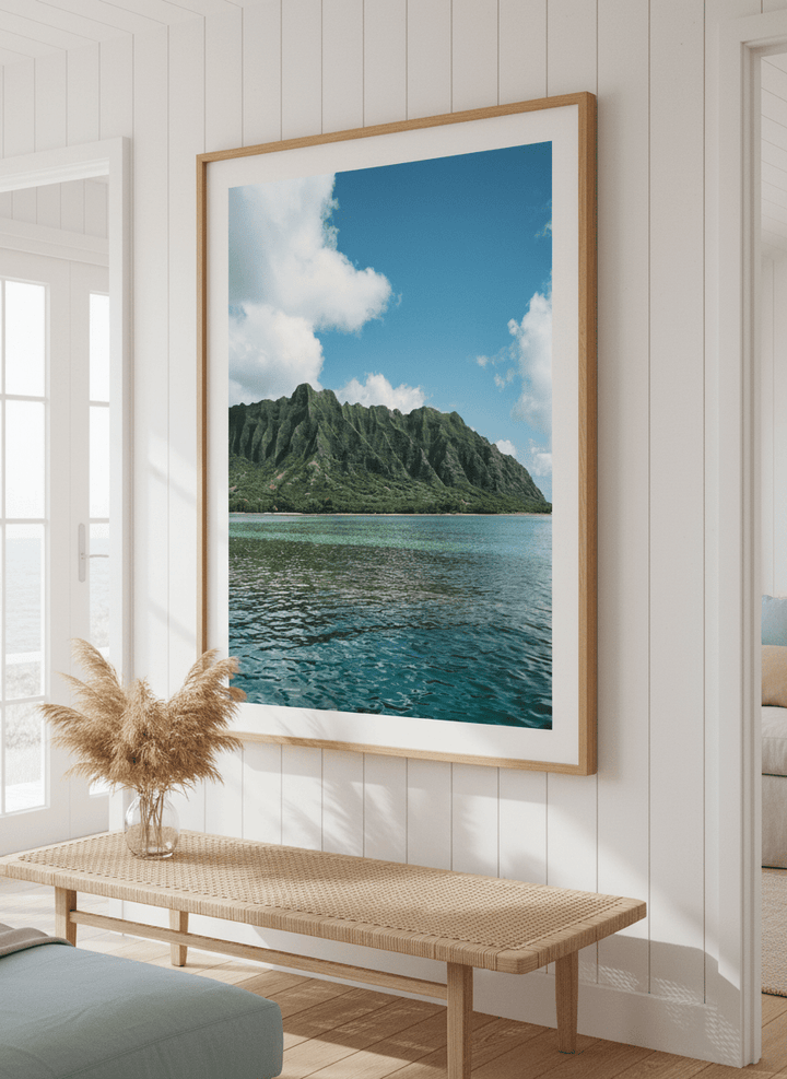 Neutral wall art displayed in a sunny coastal beach house