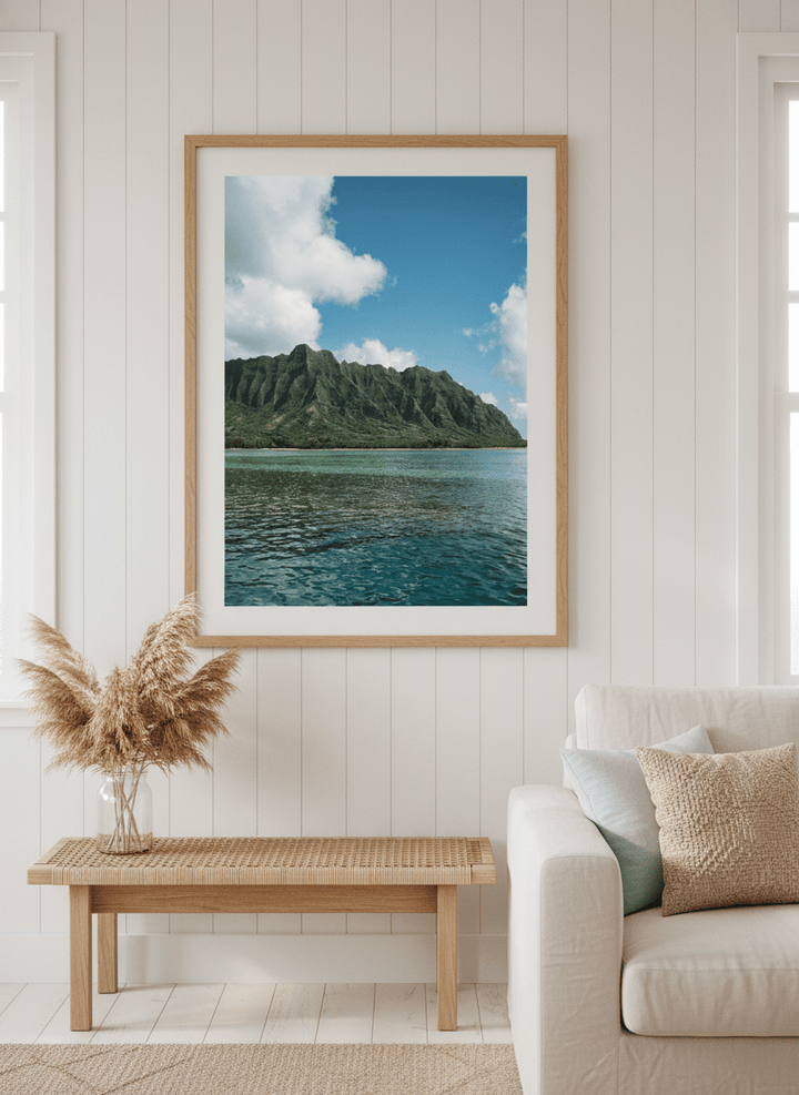 Neutral wall art displayed in a sunny coastal beach house