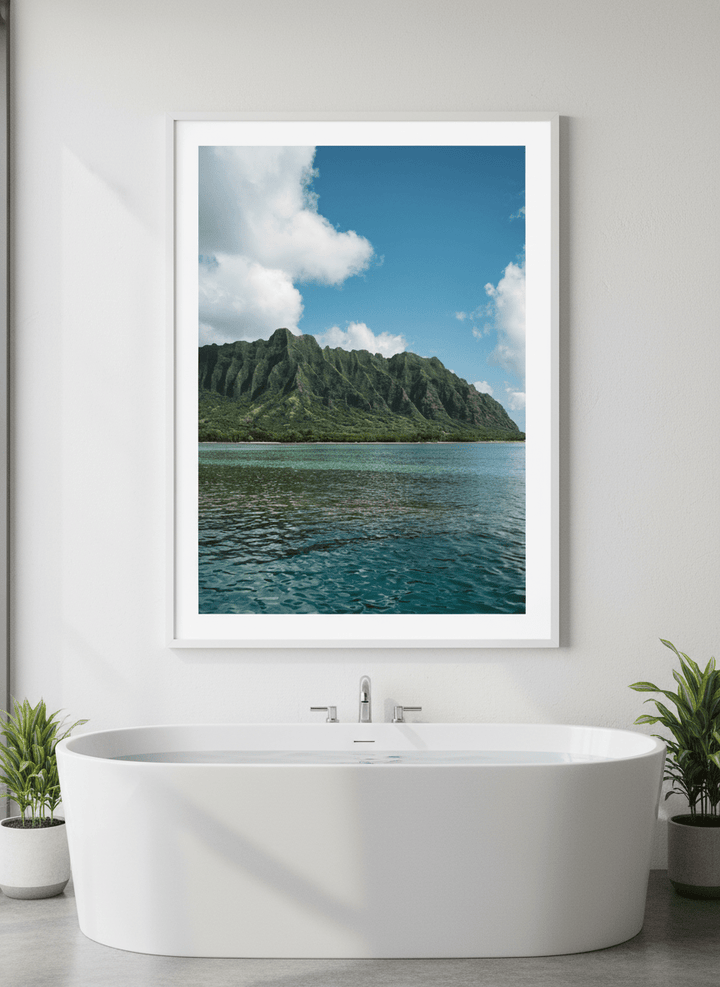 Modern print displayed in a clean minimalist bathroom setting