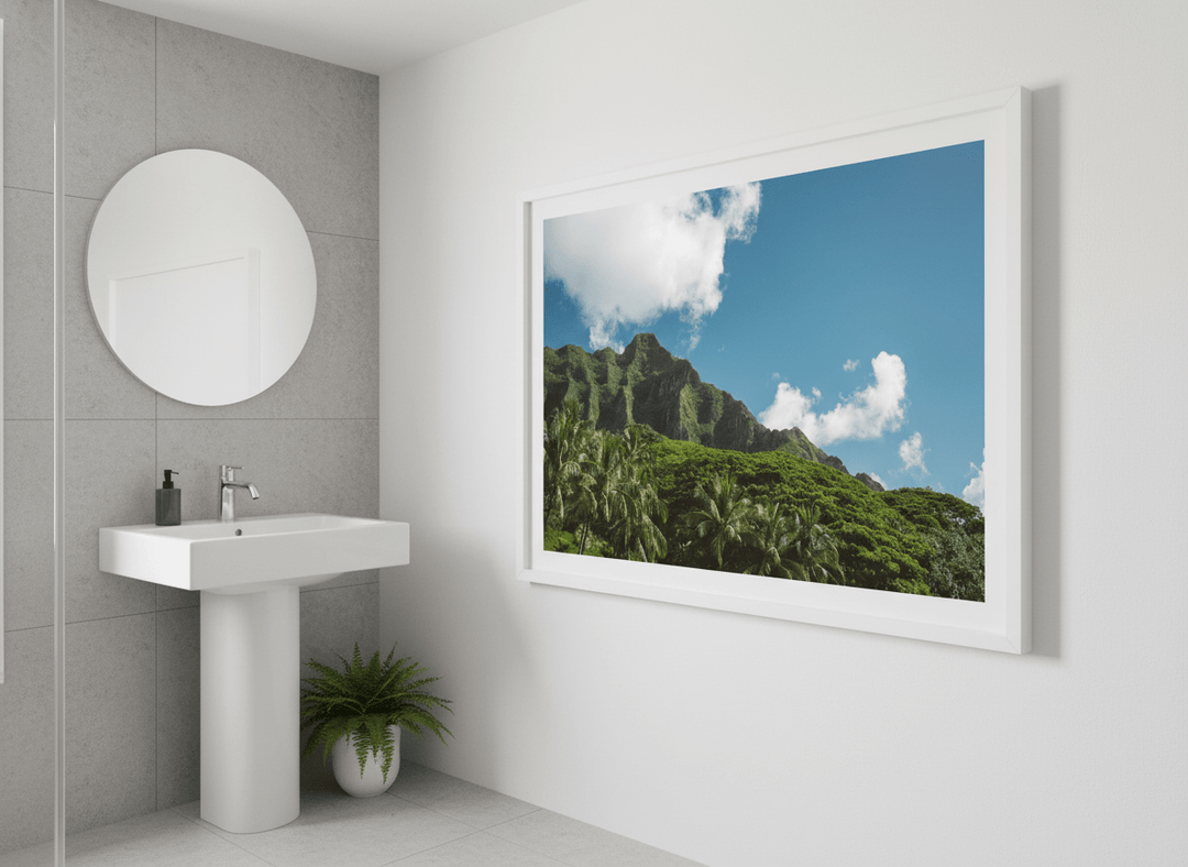 Modern print displayed in a clean minimalist bathroom setting