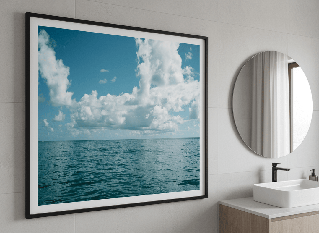 Modern print displayed in a clean minimalist bathroom setting