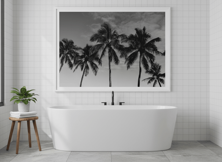 Modern print displayed in a clean minimalist bathroom setting