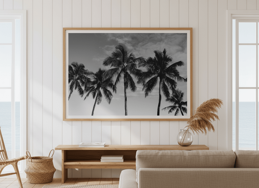 Neutral wall art displayed in a sunny coastal beach house