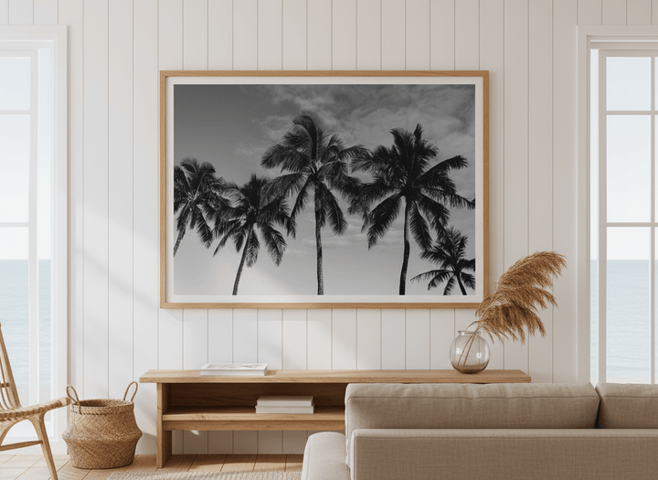 Neutral wall art displayed in a sunny coastal beach house