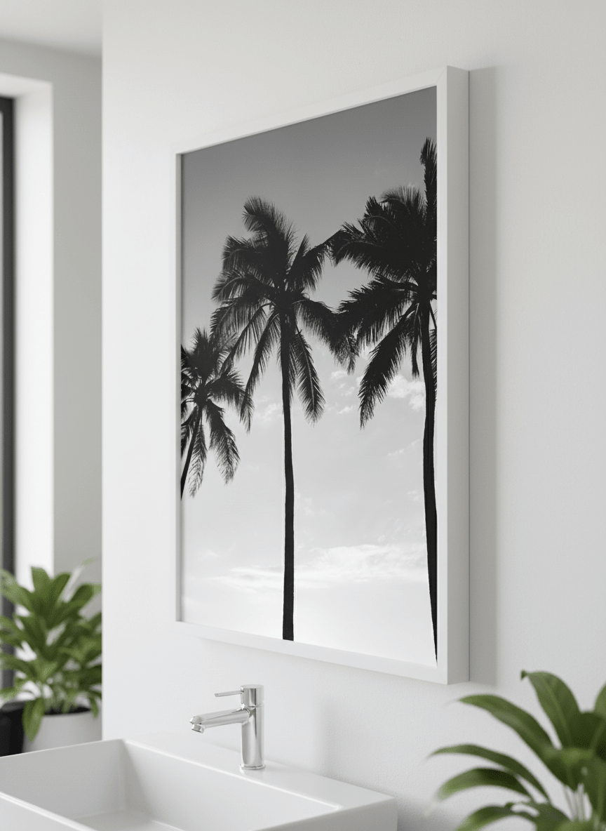 Modern print displayed in a clean minimalist bathroom setting