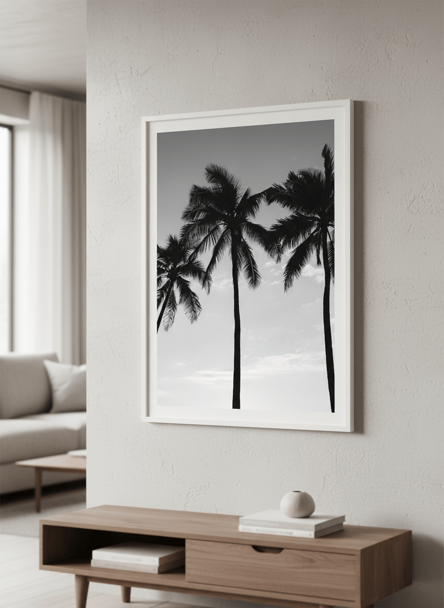 Modern wall art styled above a sofa in a neutral living room
