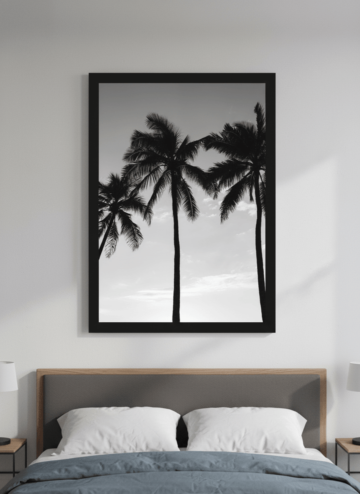 Minimalist artwork displayed in a calm, light-filled bedroom interior