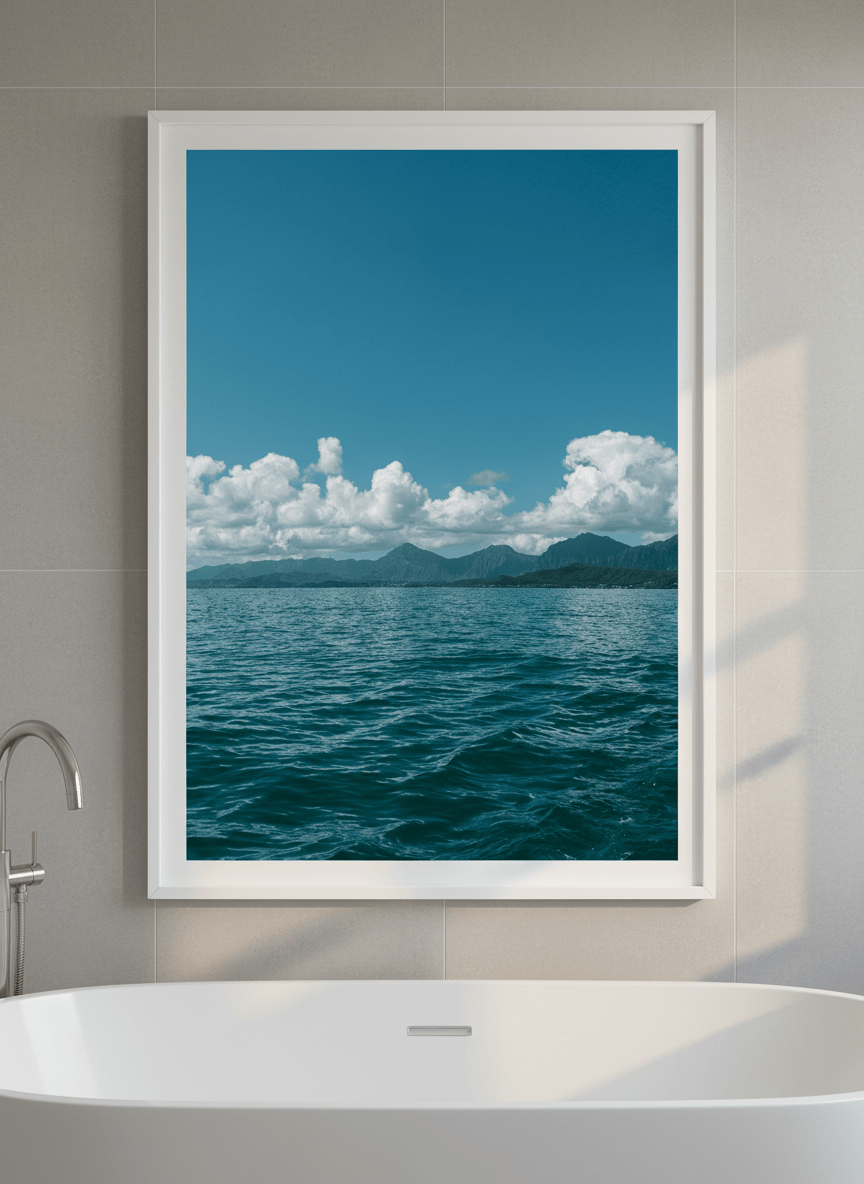 Modern print displayed in a clean minimalist bathroom setting