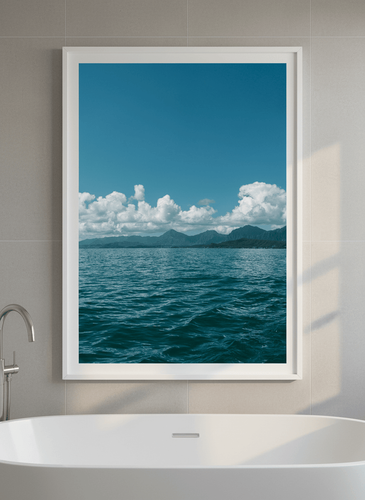 Modern print displayed in a clean minimalist bathroom setting