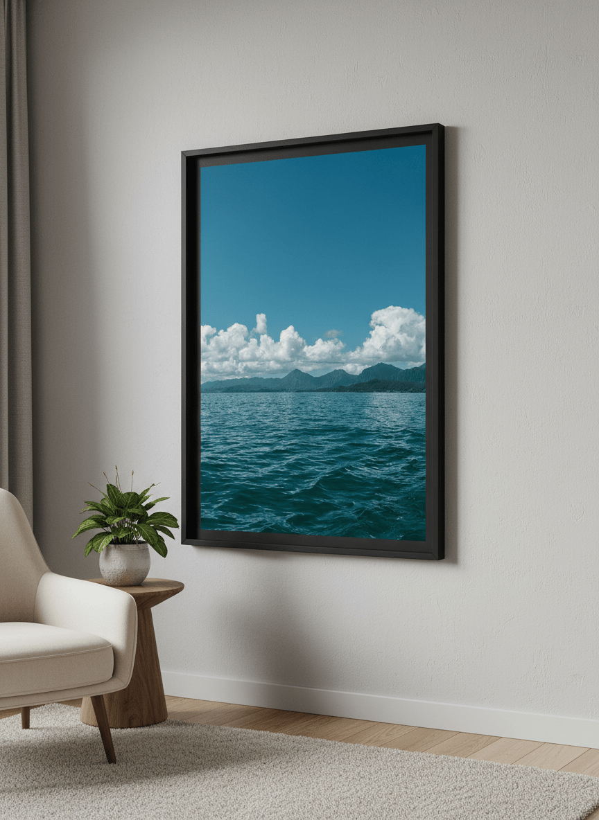 Modern wall art styled above a sofa in a neutral living room