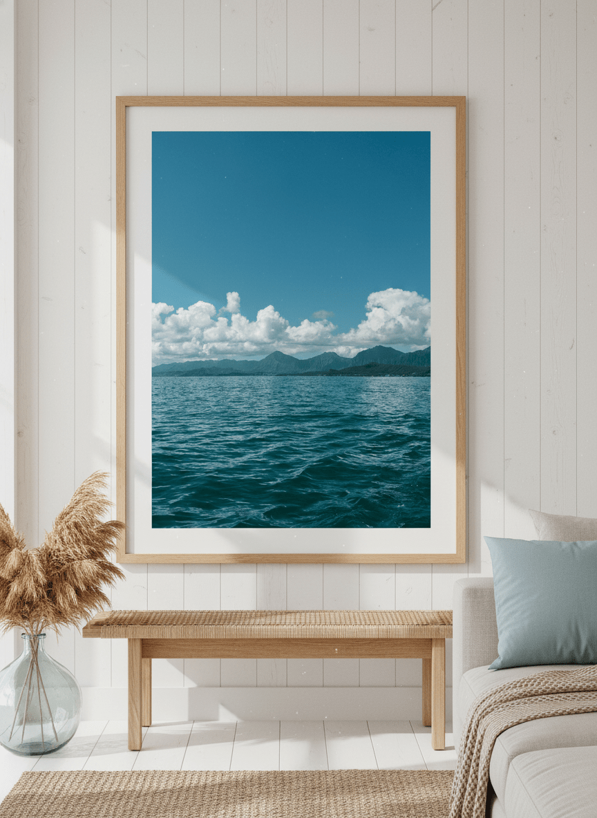 Neutral wall art displayed in a sunny coastal beach house