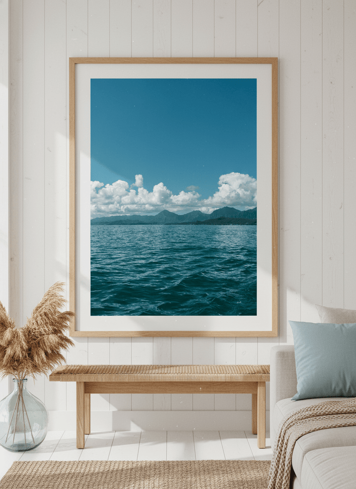 Neutral wall art displayed in a sunny coastal beach house