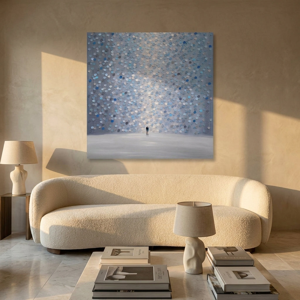Stretched canvas wall art styled on the wall in a luxe living room