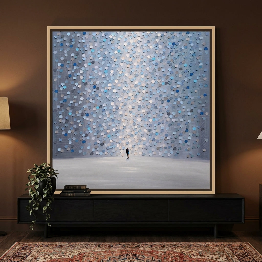Canvas wall art with a natural timber surround standing on a console in a moody bedroom