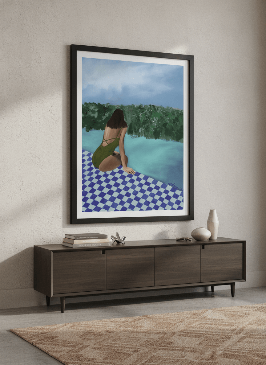 Monumental artwork centred on a feature wall in a luxe interior