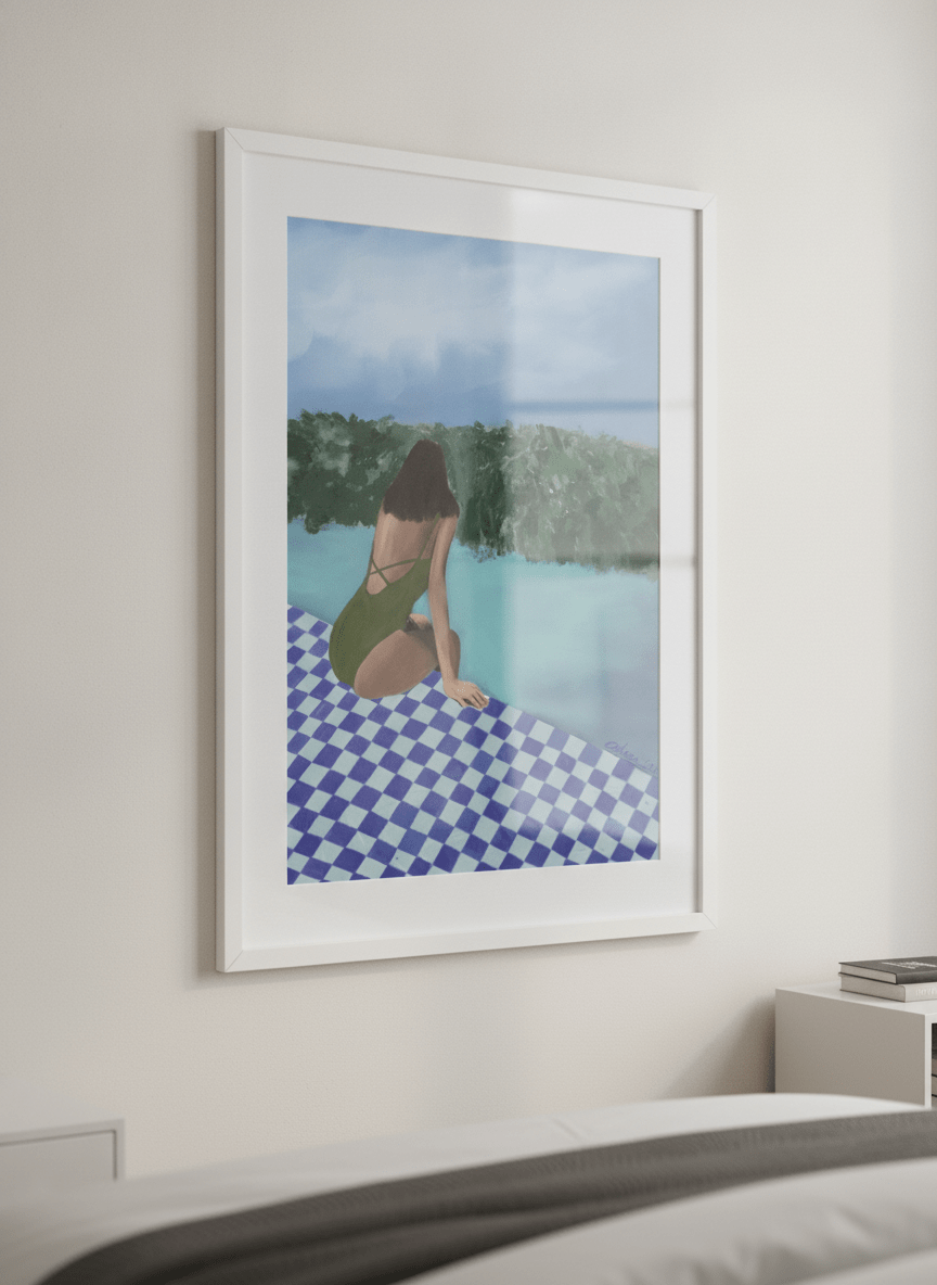 Minimalist artwork displayed in a calm, light-filled bedroom interior